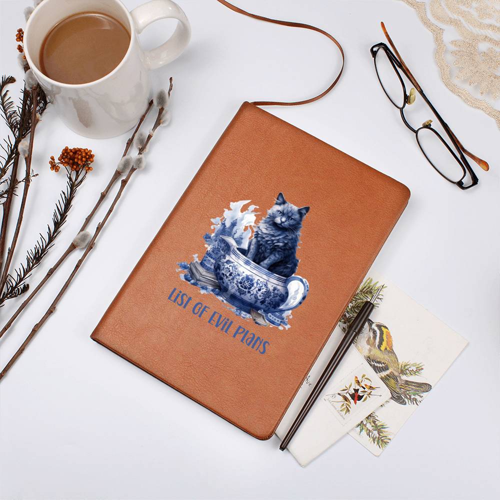 List of Evil Plans Delft Blue Cat Quality Vegan Leather Journal