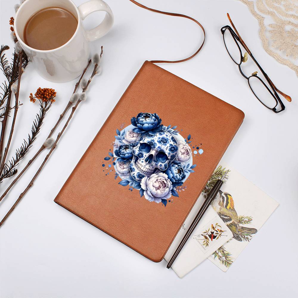 Delft Blue Floral Skull Quality Vegan Leather Journal with Ribbon by LoveNotely