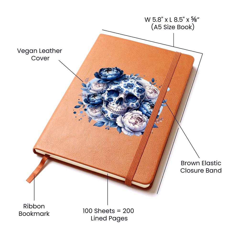 Delft Blue Floral Skull Quality Vegan Leather Journal with Ribbon by LoveNotely