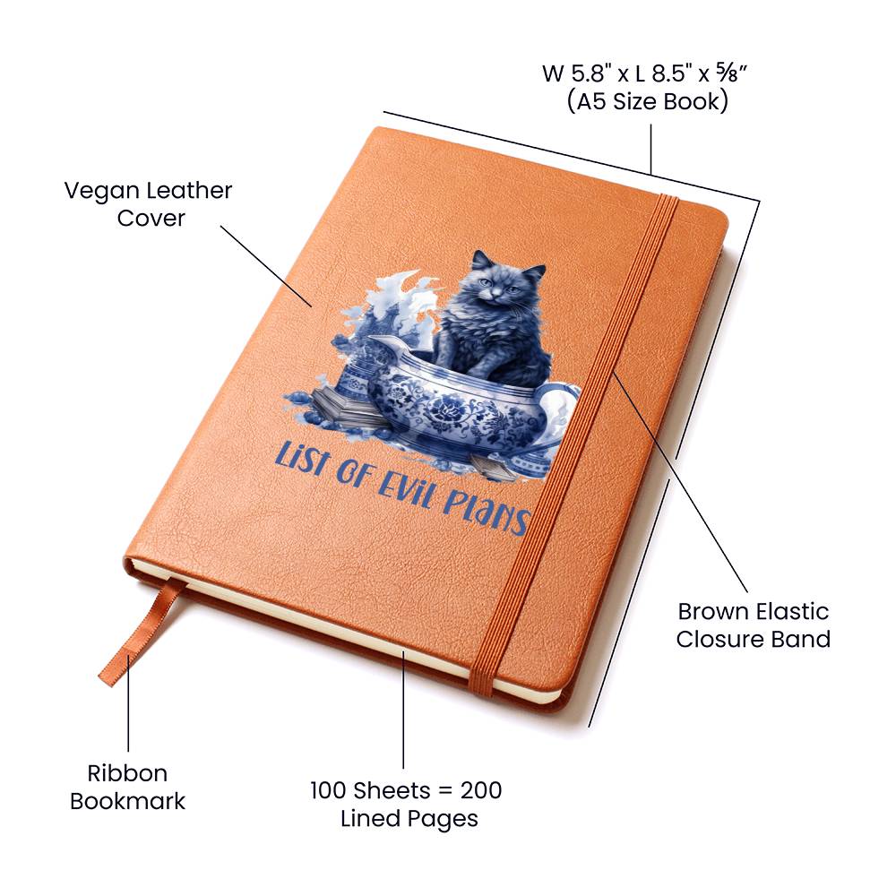 List of Evil Plans Delft Blue Cat Quality Vegan Leather Journal