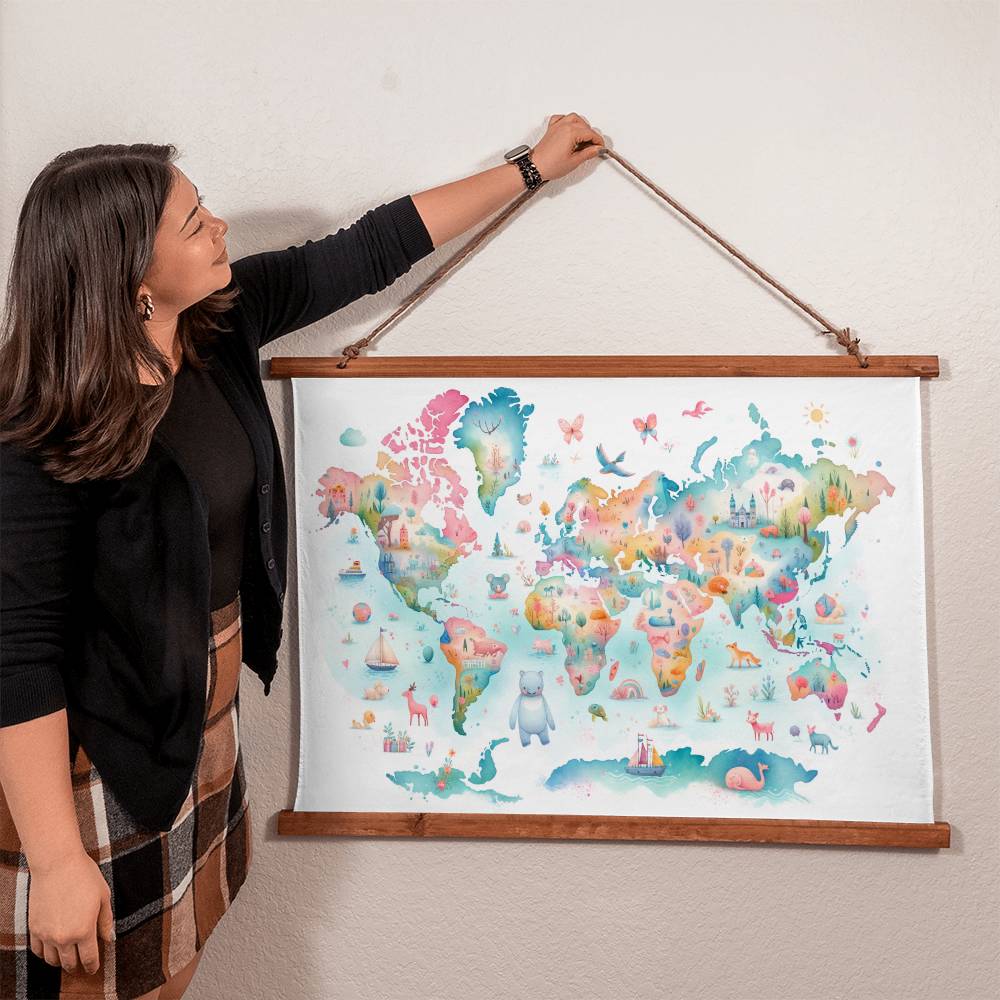 Children's Watercolor World Map Tapestry: Chic Nursery and Playroom Decor